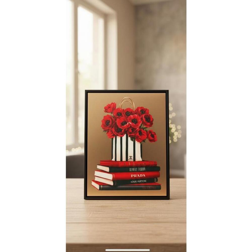 Red Chanel Inspired Flower Bag and Fashion Books Canvas Wall Art